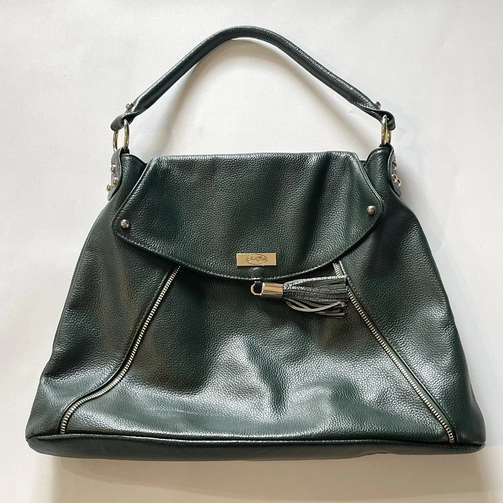 Onna Ehrlich Kelly Hobo Shoulder Bag Hunter Green Pebbled Leather Purse Tassel